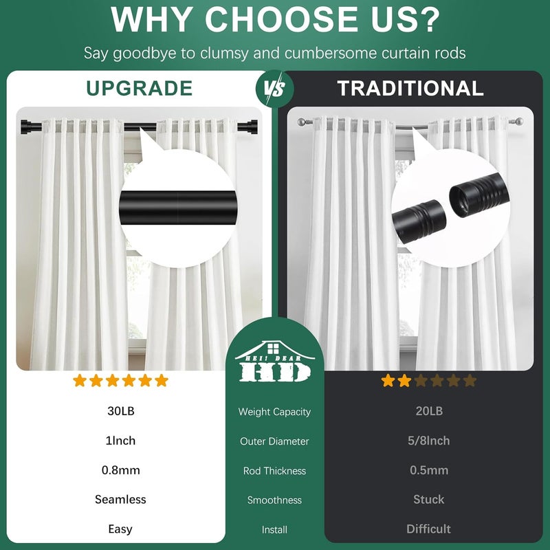hei! dear Black Curtain Rods for Windows 66 to 120Inch(5.5-10ft),1 Inch Diameter Heavy Duty Curtain Rods,Adjustable Modern Decorative Drapery Rod,Telescoping Window Curtains Rod 36-120",Matte Black - Image 3